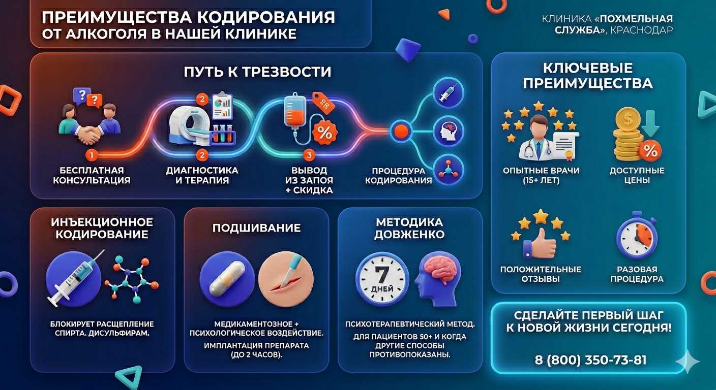 Инфографика о методах кодирования от алкоголя в Новоаннинском: инъекции, подшивание, метод Довженко. Преимущества клиники и этапы лечения.