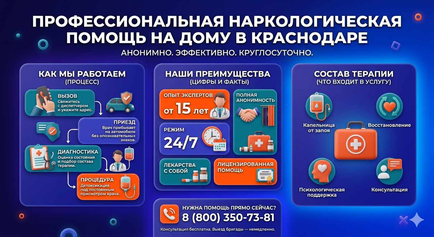 Инфографика о принципах лечения алкоголизма на дому в Новоаннинском: этапы вызова нарколога, преимущества анонимной детоксикации и состав медицинской помощи.